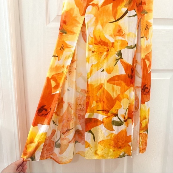 Guess Halter Neck Open Back Tropical Orange Floral Front Slit Maxi Dress sz 0 - Picture 8 of 14